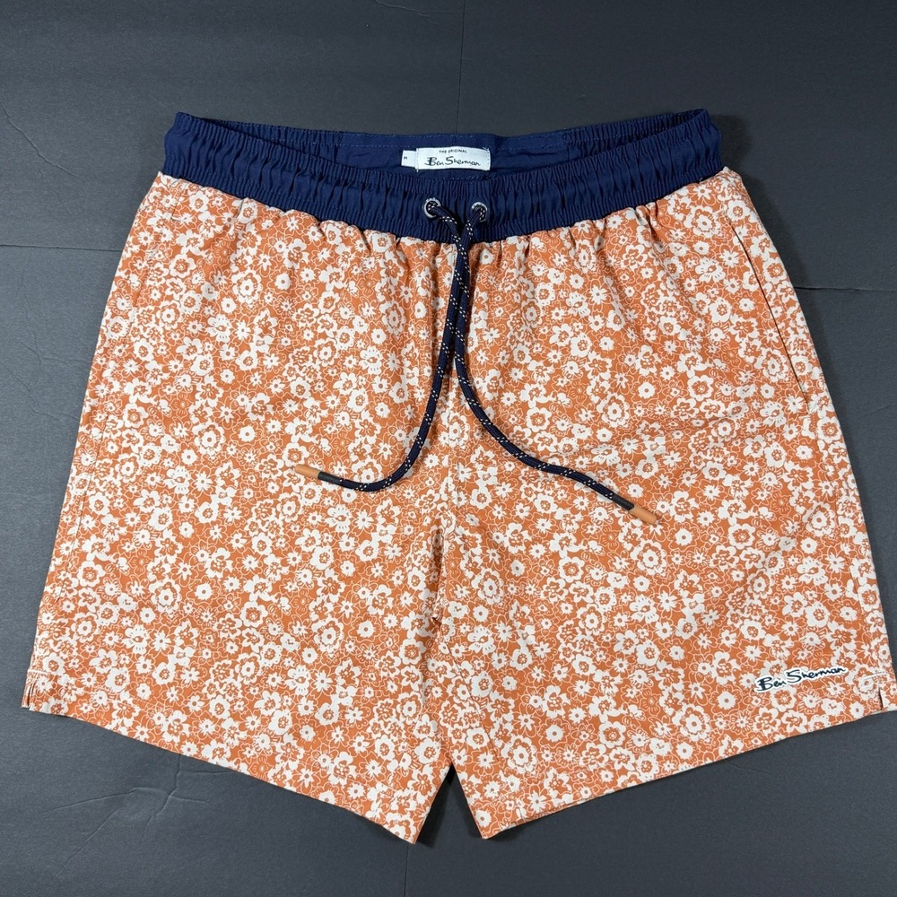 Ben Sherman Mens Floral Swim Trunks Orange Navy Blue Board Shorts Size Medium
